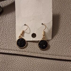 Gold Drop Earrings with Black Druzy Discs